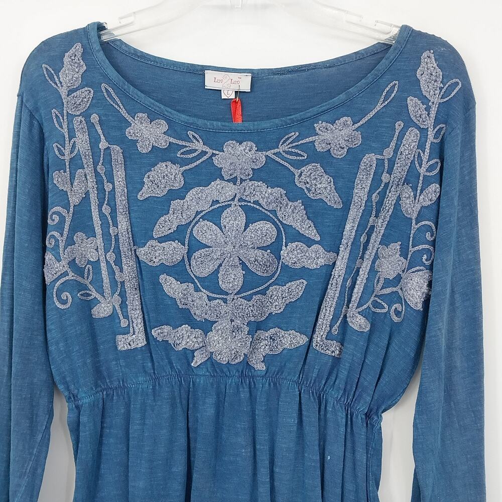 Luv 2 Luv Blue Embroidered Kurti Dress Women Large Long Sleeve Boho Cotton Blend - Picture 2 of 10
